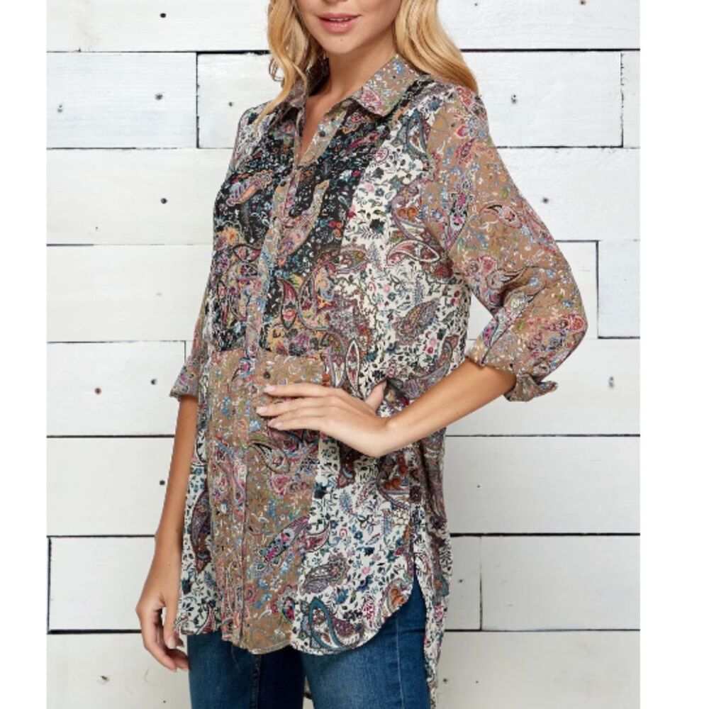 Fig and Flower Button Front Boho Blouse Size Small Multi-color Paisley